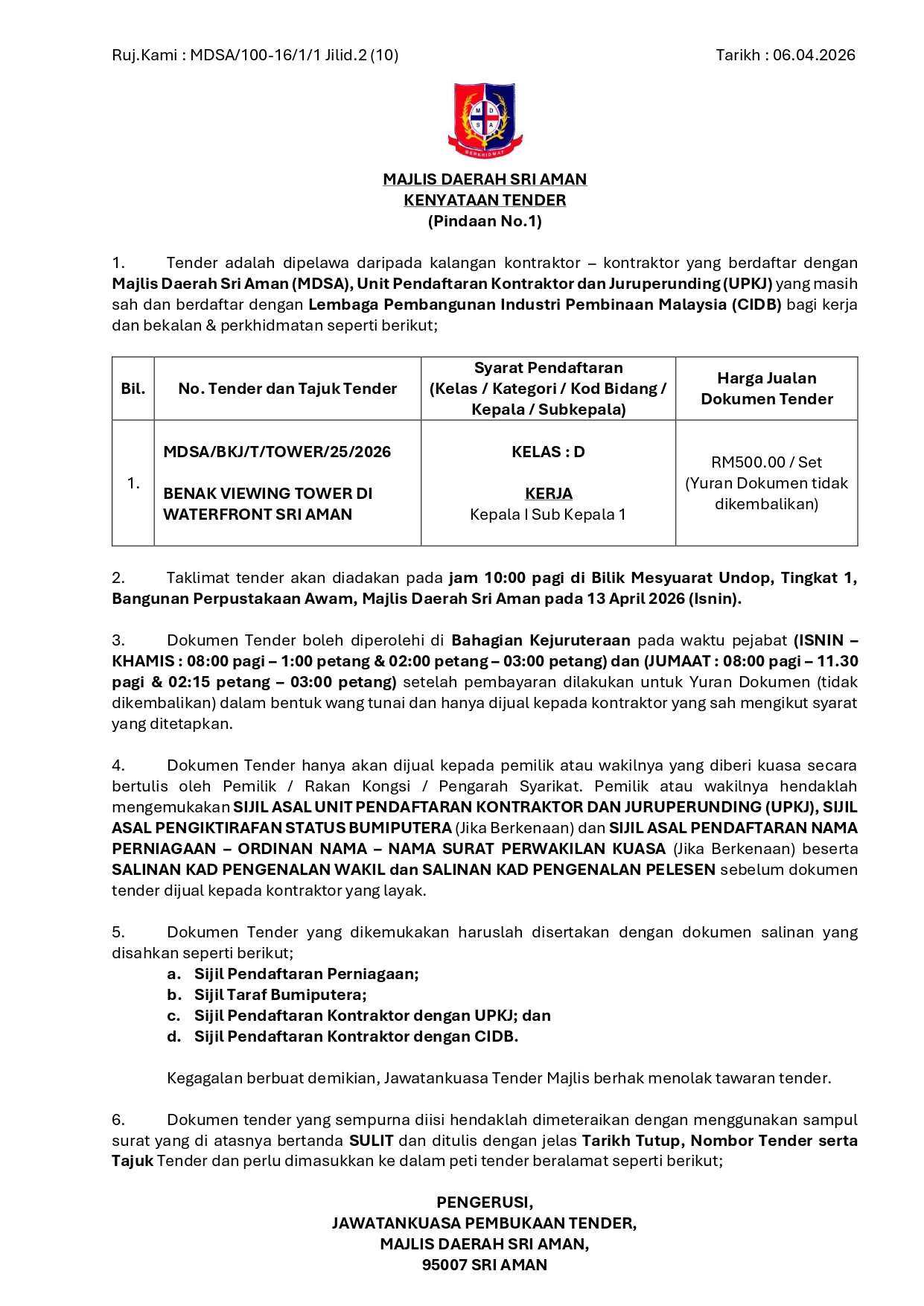 Kenyataan Tender Towers_Pindaan No.1