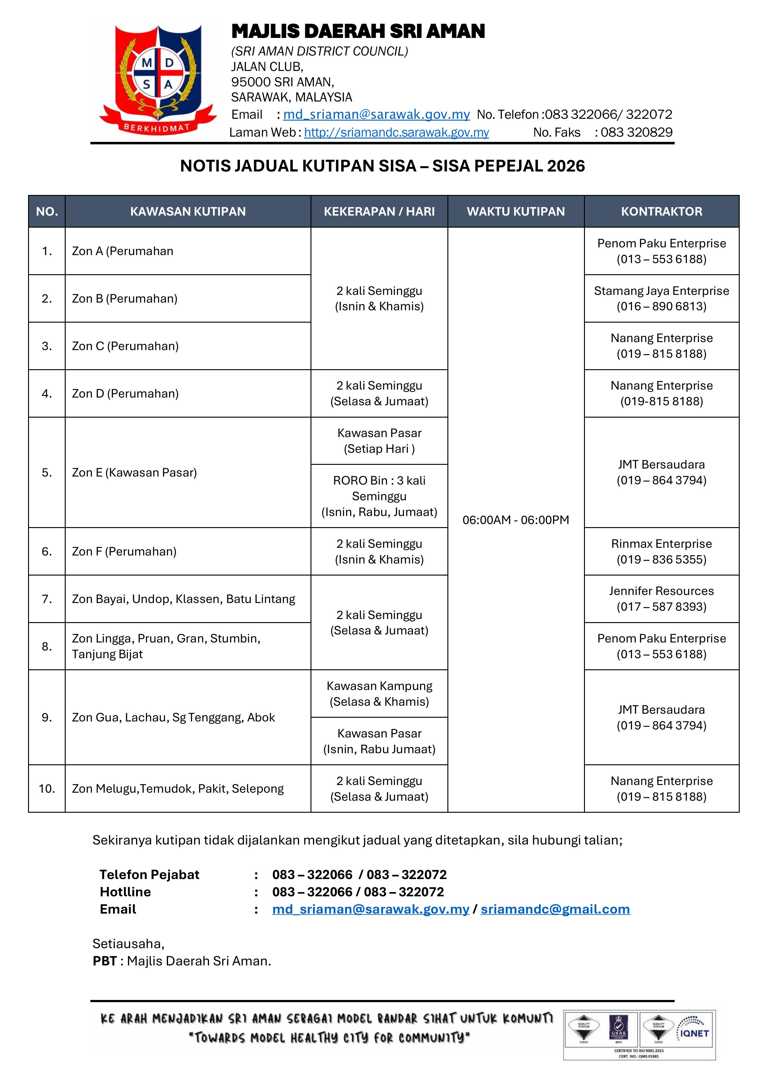 Senarai Kontraktor dan Notis Jadual Kutipan Sisa - Sisa Pepejal 2026 