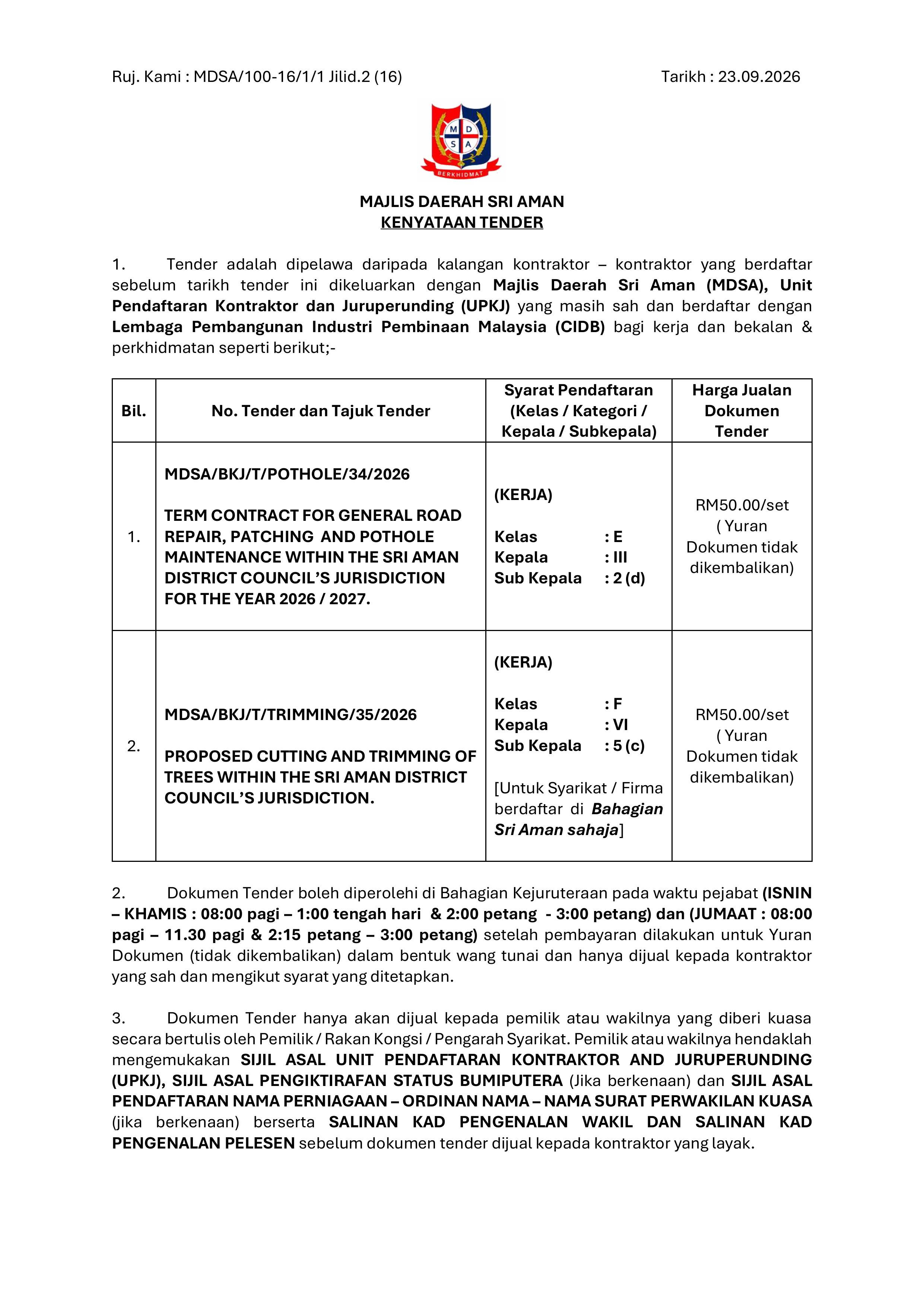 Kenyataan Tender 06/2026